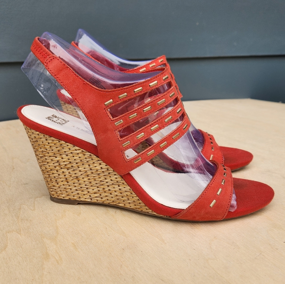 Anne Klein Trisa Coral Leather Espadrille Wedge Sandals - Size 9M
